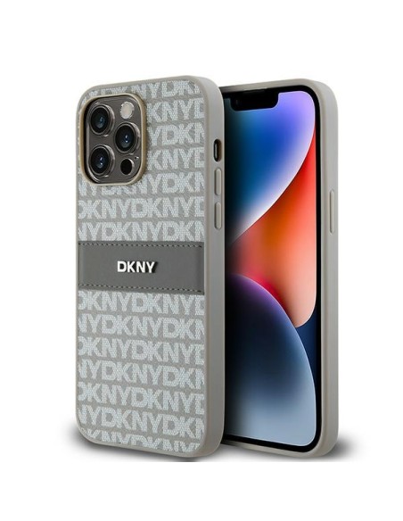 Etui DKNY Leather Mono Stripe & Metal Logo na iPhone 14 Pro Max - beżowe Etui DKNY Leather Mono Stripe & Metal Logo na iPhone 14 Pro Max - beżowe