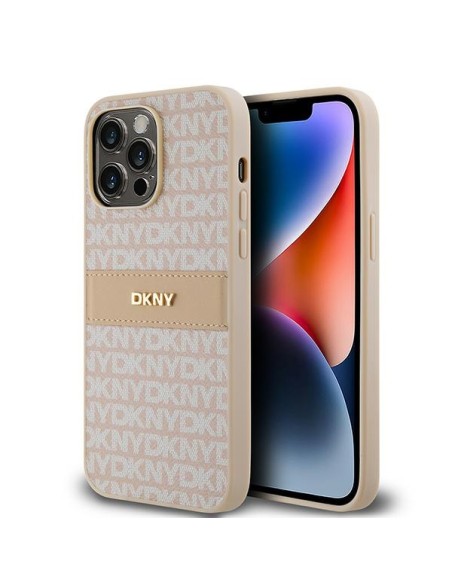 Etui DKNY Leather Mono Stripe & Metal Logo na iPhone 14 Pro Max - różowe Etui DKNY Leather Mono Stripe & Metal Logo na iPhone 14 Pro Max - różowe
