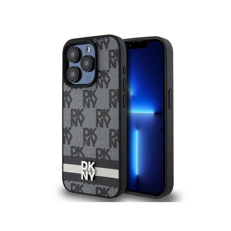 Etui DKNY Leather Checkered Mono Pattern & Printed Stripes na iPhone 15 Pro - czarne