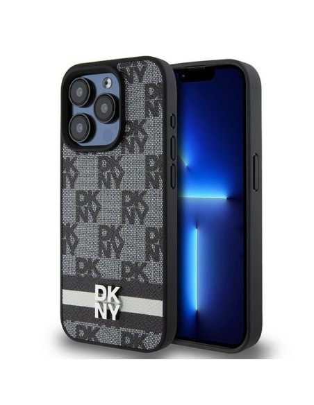 Etui DKNY Leather Checkered Mono Pattern & Printed Stripes na iPhone 15 Pro - czarne