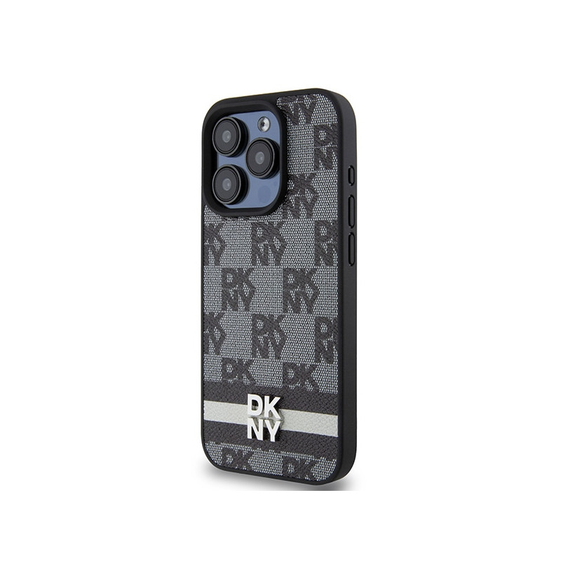 Etui DKNY Leather Checkered Mono Pattern & Printed Stripes na iPhone 15 Pro - czarne