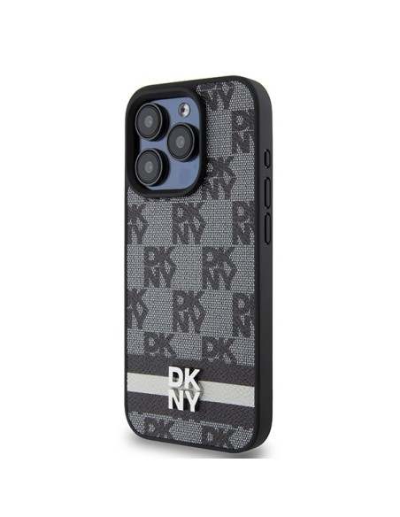 Etui DKNY Leather Checkered Mono Pattern & Printed Stripes na iPhone 15 Pro - czarne