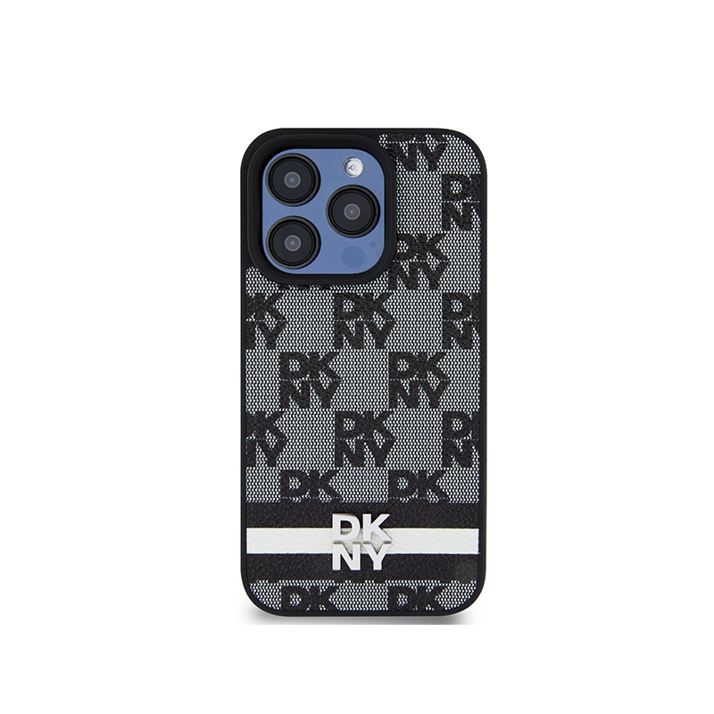 Etui DKNY Leather Checkered Mono Pattern & Printed Stripes na iPhone 15 Pro - czarne