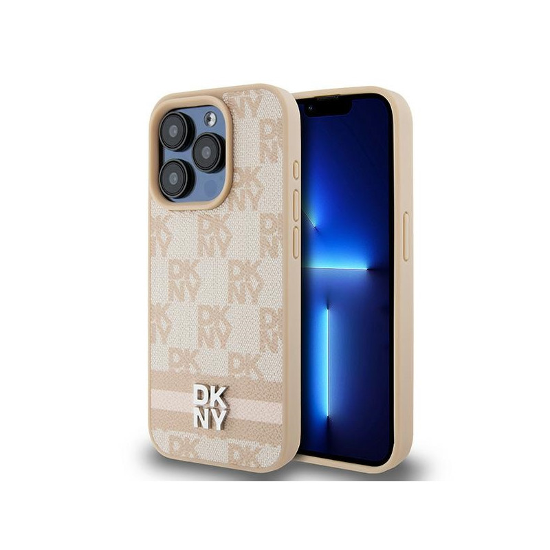 Etui DKNY Leather Checkered Mono Pattern & Printed Stripes na iPhone 15 Pro - różowe