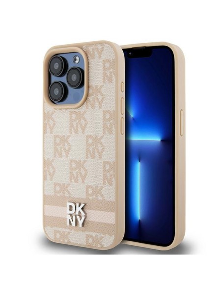 Etui DKNY Leather Checkered Mono Pattern & Printed Stripes na iPhone 15 Pro - różowe Etui DKNY Leather Checkered Mono Pattern & Printed Stripes na iPhone 15 Pro - różowe