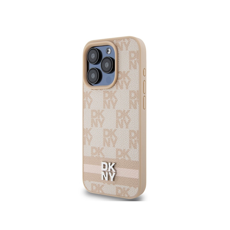 Etui DKNY Leather Checkered Mono Pattern & Printed Stripes na iPhone 15 Pro - różowe