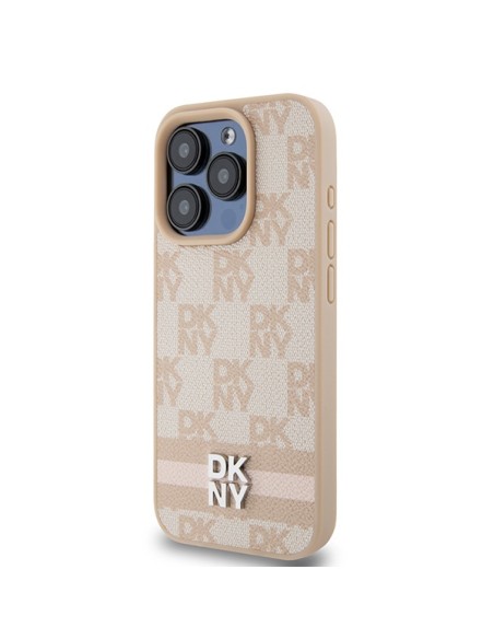 Etui DKNY Leather Checkered Mono Pattern & Printed Stripes na iPhone 15 Pro - różowe Etui DKNY Leather Checkered Mono Pattern & Printed Stripes na iPhone 15 Pro - różowe