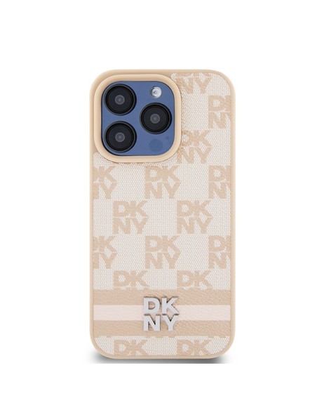 Etui DKNY Leather Checkered Mono Pattern & Printed Stripes na iPhone 15 Pro - różowe Etui DKNY Leather Checkered Mono Pattern & Printed Stripes na iPhone 15 Pro - różowe