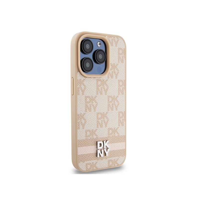 Etui DKNY Leather Checkered Mono Pattern & Printed Stripes na iPhone 15 Pro - różowe