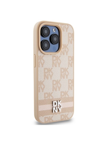 Etui DKNY Leather Checkered Mono Pattern & Printed Stripes na iPhone 15 Pro - różowe Etui DKNY Leather Checkered Mono Pattern & Printed Stripes na iPhone 15 Pro - różowe