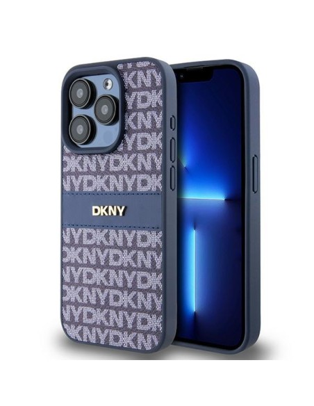 Etui DKNY Leather Mono Stripe & Metal Logo na iPhone 15 Pro - niebieskie Etui DKNY Leather Mono Stripe & Metal Logo na iPhone 15 Pro - niebieskie