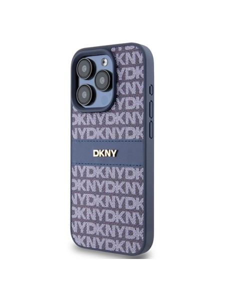 Etui DKNY Leather Mono Stripe & Metal Logo na iPhone 15 Pro - niebieskie Etui DKNY Leather Mono Stripe & Metal Logo na iPhone 15 Pro - niebieskie