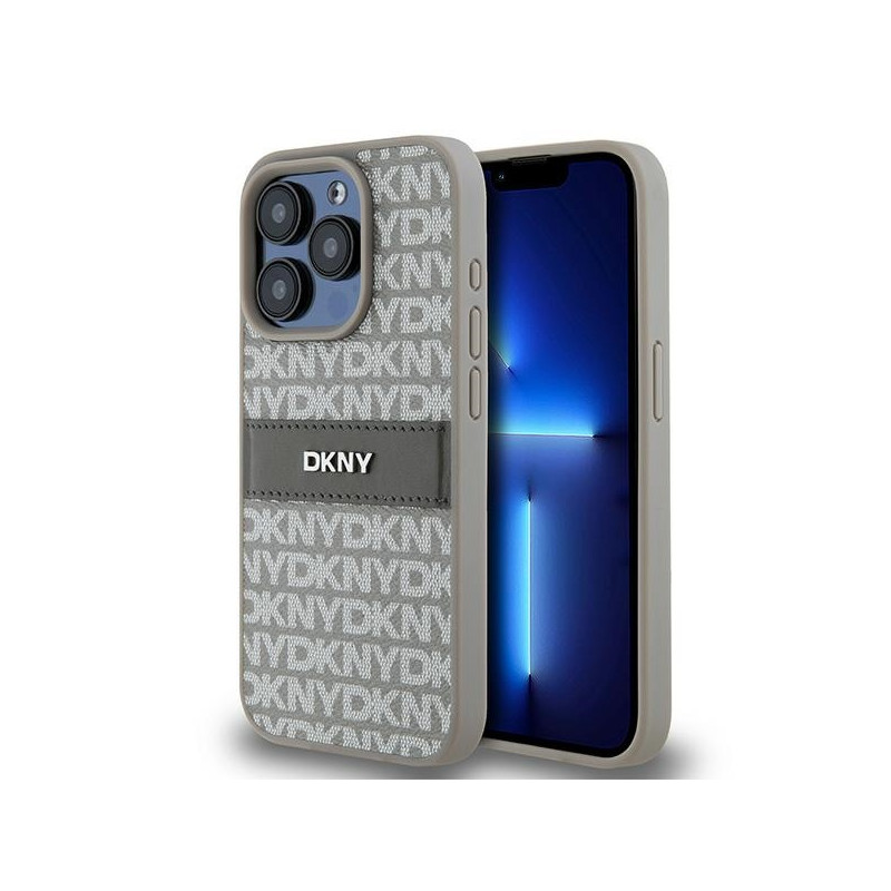Etui DKNY Leather Mono Stripe & Metal Logo na iPhone 15 Pro - beżowe