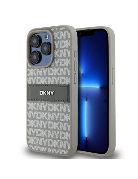 Etui DKNY Leather Mono Stripe & Metal Logo na iPhone 15 Pro - beżowe Etui DKNY Leather Mono Stripe & Metal Logo na iPhone 15 Pro - beżowe