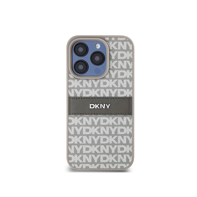 Etui DKNY Leather Mono Stripe & Metal Logo na iPhone 15 Pro - beżowe