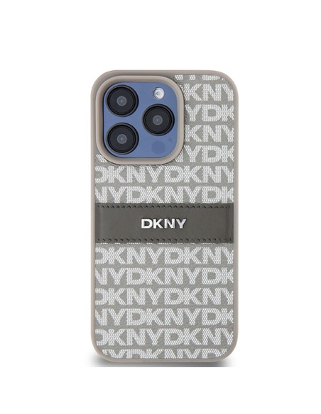 Etui DKNY Leather Mono Stripe & Metal Logo na iPhone 15 Pro - beżowe Etui DKNY Leather Mono Stripe & Metal Logo na iPhone 15 Pro - beżowe