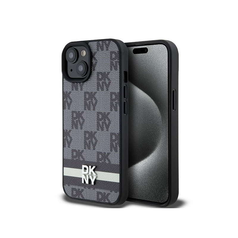 Etui DKNY Leather Checkered Mono Pattern & Printed Stripes na iPhone 15 Plus / 14 Plus - czarne