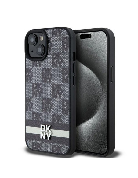 Etui DKNY Leather Checkered Mono Pattern & Printed Stripes na iPhone 15 Plus / 14 Plus - czarne Etui DKNY Leather Checkered Mono Pattern & Printed Stripes na iPhone 15 Plus / 14 Plus - czarne