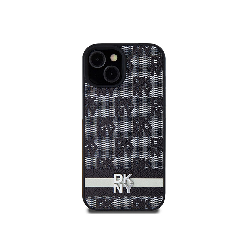 Etui DKNY Leather Checkered Mono Pattern & Printed Stripes na iPhone 15 Plus / 14 Plus - czarne