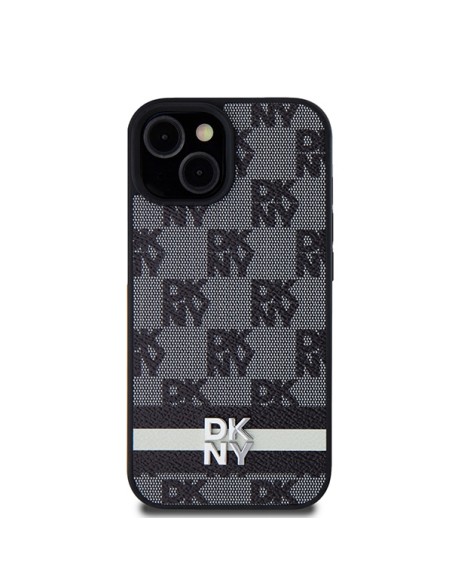 Etui DKNY Leather Checkered Mono Pattern & Printed Stripes na iPhone 15 Plus / 14 Plus - czarne Etui DKNY Leather Checkered Mono Pattern & Printed Stripes na iPhone 15 Plus / 14 Plus - czarne