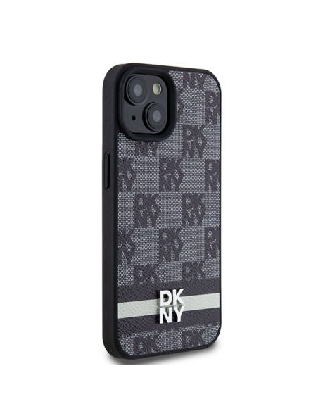 Etui DKNY Leather Checkered Mono Pattern & Printed Stripes na iPhone 15 Plus / 14 Plus - czarne Etui DKNY Leather Checkered Mono Pattern & Printed Stripes na iPhone 15 Plus / 14 Plus - czarne