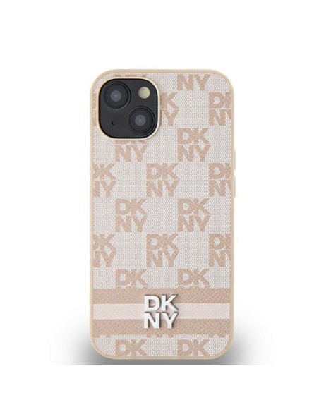 Etui DKNY Leather Checkered Mono Pattern & Printed Stripes na iPhone 15 Plus / 14 Plus - różowe