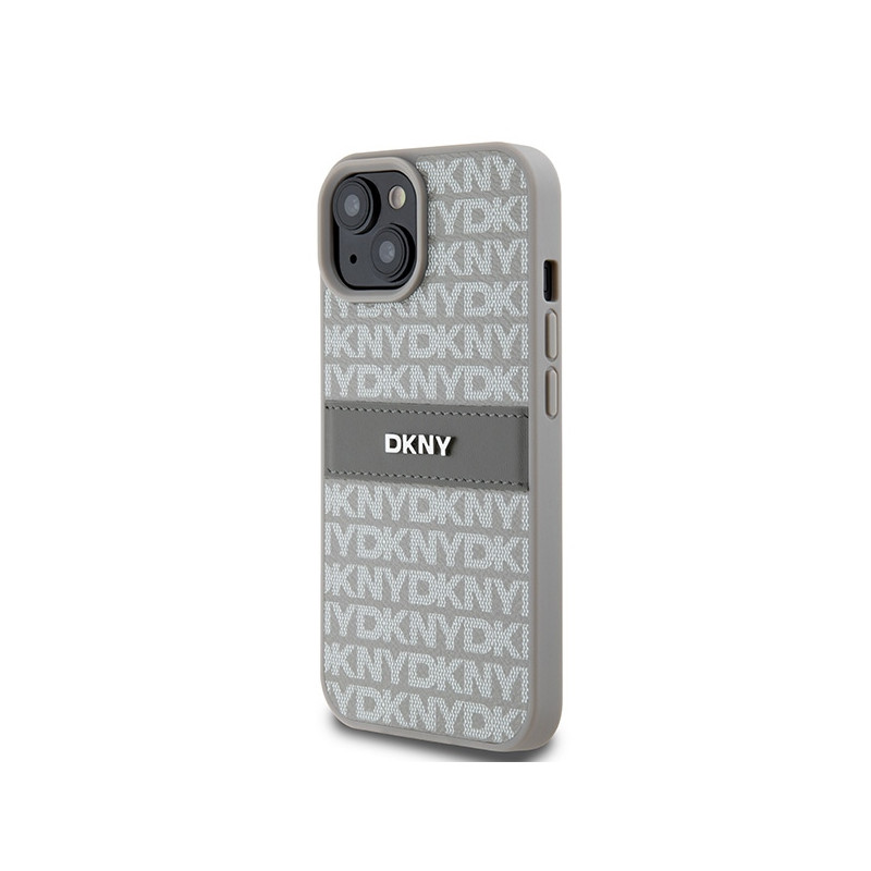 Etui DKNY Leather Mono Stripe & Metal Logo na iPhone 15 Plus / 14 Plus - beżowe