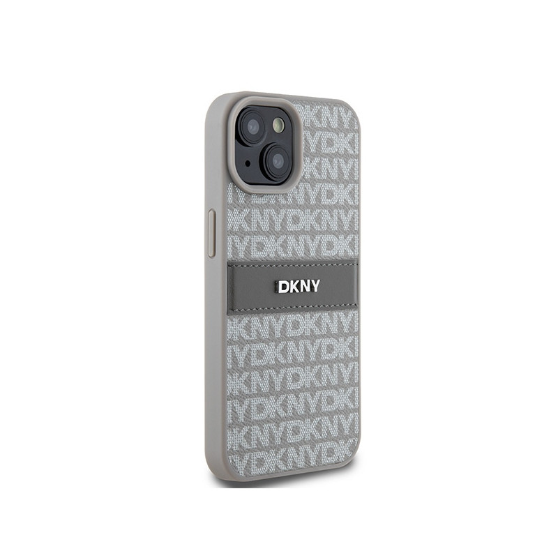 Etui DKNY Leather Mono Stripe & Metal Logo na iPhone 15 Plus / 14 Plus - beżowe
