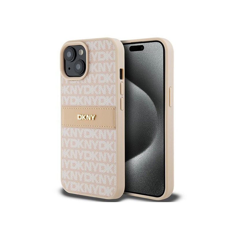 Etui DKNY Leather Mono Stripe & Metal Logo na iPhone 15 Plus / 14 Plus - różowe Etui DKNY Leather Mono Stripe & Metal Logo na iPhone 15 Plus / 14 Plus - różowe