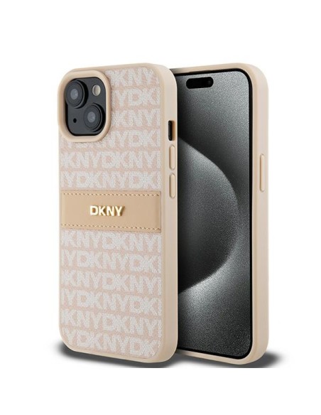 Etui DKNY Leather Mono Stripe & Metal Logo na iPhone 15 Plus / 14 Plus - różowe