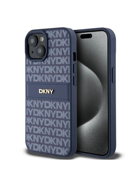 Etui DKNY Leather Mono Stripe & Metal Logo na iPhone 15 / 14 / 13 - niebieskie Etui DKNY Leather Mono Stripe & Metal Logo na iPhone 15 / 14 / 13 - niebieskie