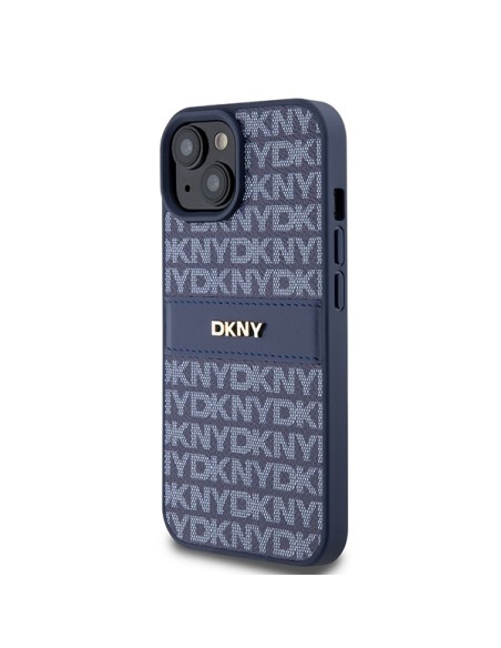 Etui DKNY Leather Mono Stripe & Metal Logo na iPhone 15 / 14 / 13 - niebieskie Etui DKNY Leather Mono Stripe & Metal Logo na iPhone 15 / 14 / 13 - niebieskie
