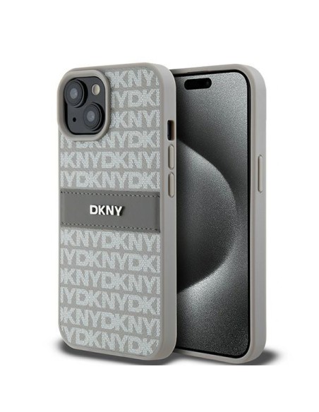 Etui DKNY Leather Mono Stripe & Metal Logo na iPhone 15 / 14 / 13 - beżowe Etui DKNY Leather Mono Stripe & Metal Logo na iPhone 15 / 14 / 13 - beżowe