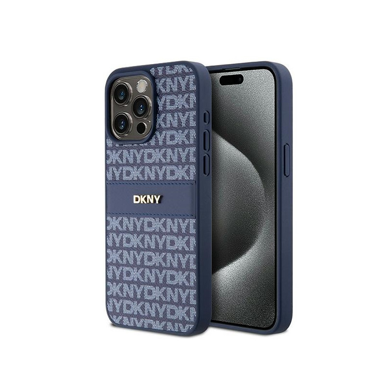 Etui DKNY Leather Mono Stripe & Metal Logo na iPhone 15 Pro Max - niebieskie Etui DKNY Leather Mono Stripe & Metal Logo na iPhone 15 Pro Max - niebieskie
