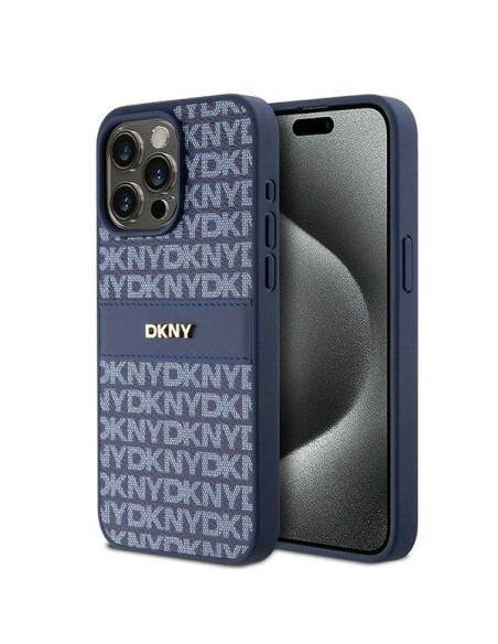 Etui DKNY Leather Mono Stripe & Metal Logo na iPhone 15 Pro Max - niebieskie Etui DKNY Leather Mono Stripe & Metal Logo na iPhone 15 Pro Max - niebieskie
