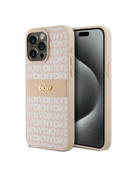 Etui DKNY Leather Mono Stripe & Metal Logo na iPhone 15 Pro Max - różowe Etui DKNY Leather Mono Stripe & Metal Logo na iPhone 15 Pro Max - różowe