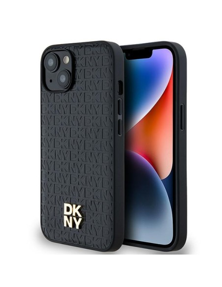Etui DKNY Leather Monogram Pattern Metal Logo MagSafe na iPhone 15 / 14 / 13 - czarne Etui DKNY Leather Monogram Pattern Metal Logo MagSafe na iPhone 15 / 14 / 13 - czarne