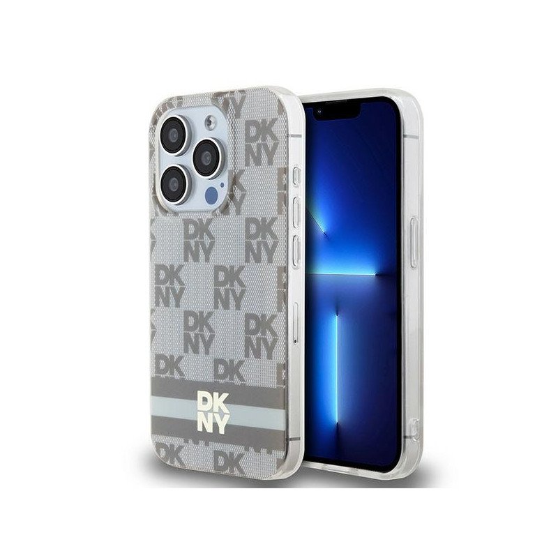 Etui DKNY IML Checkered Mono Pattern & Printed Stripes MagSafe na iPhone 14 Pro Max - beżowe