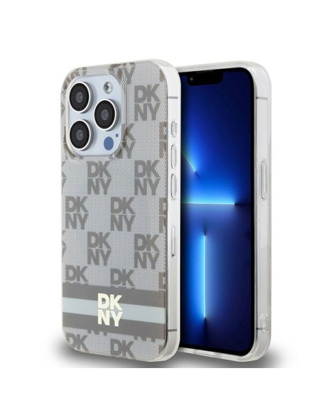 Etui DKNY IML Checkered Mono Pattern & Printed Stripes MagSafe na iPhone 14 Pro Max - beżowe