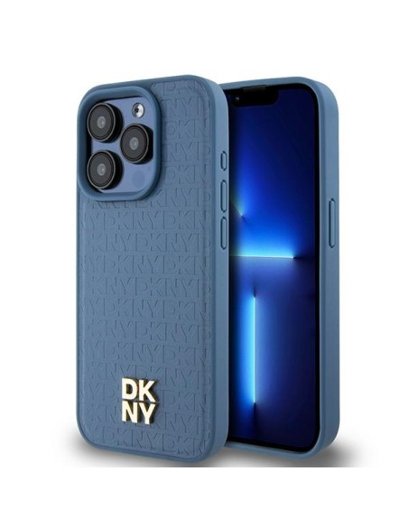 Etui DKNY Leather Monogram Pattern Metal Logo MagSafe na iPhone 15 Pro - niebieskie Etui DKNY Leather Monogram Pattern Metal Logo MagSafe na iPhone 15 Pro - niebieskie