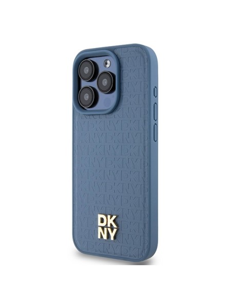Etui DKNY Leather Monogram Pattern Metal Logo MagSafe na iPhone 15 Pro - niebieskie Etui DKNY Leather Monogram Pattern Metal Logo MagSafe na iPhone 15 Pro - niebieskie