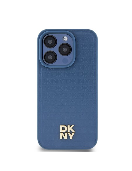 Etui DKNY Leather Monogram Pattern Metal Logo MagSafe na iPhone 15 Pro - niebieskie Etui DKNY Leather Monogram Pattern Metal Logo MagSafe na iPhone 15 Pro - niebieskie