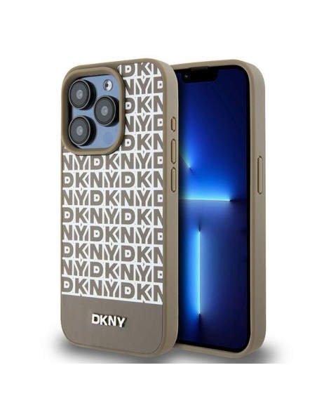 Etui DKNY Leather Printed Pattern Metal Logo MagSafe na iPhone 15 Pro - brązowe