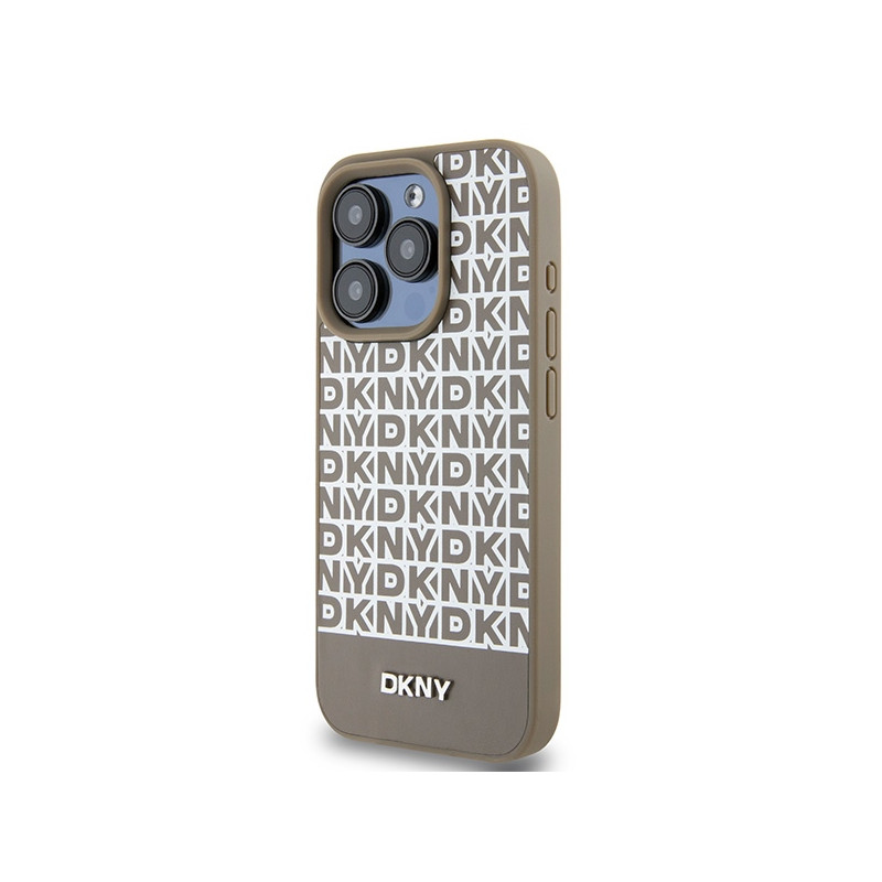 Etui DKNY Leather Printed Pattern Metal Logo MagSafe na iPhone 15 Pro - brązowe