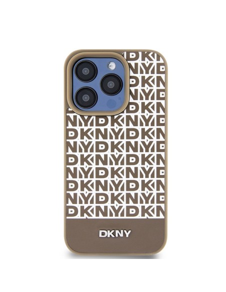 Etui DKNY Leather Printed Pattern Metal Logo MagSafe na iPhone 15 Pro - brązowe