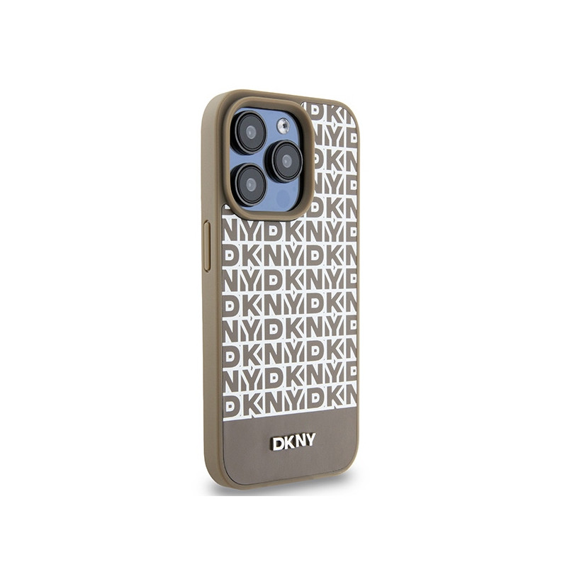Etui DKNY Leather Printed Pattern Metal Logo MagSafe na iPhone 15 Pro - brązowe