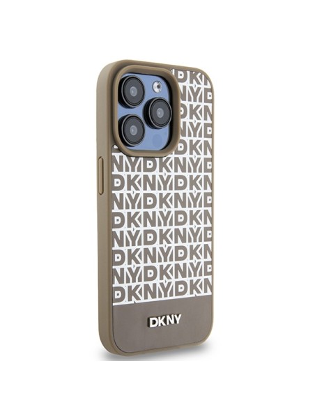 Etui DKNY Leather Printed Pattern Metal Logo MagSafe na iPhone 15 Pro - brązowe
