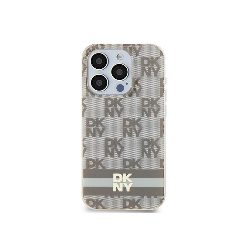 Etui DKNY IML Checkered Mono Pattern & Printed Stripes MagSafe na iPhone 15 Plus / 14 Plus - beżowe