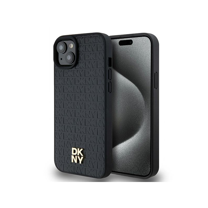 Etui DKNY Leather Monogram Pattern Metal Logo MagSafe na iPhone 15 Plus / 14 Plus - czarne