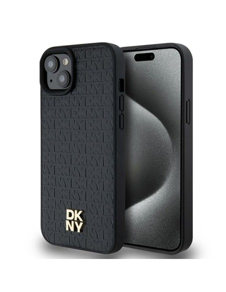 Etui DKNY Leather Monogram Pattern Metal Logo MagSafe na iPhone 15 Plus / 14 Plus - czarne